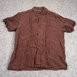 Cubavera Linen Brown Embroidered Short Sleeve Button Down Shirt Men's Size‎ L